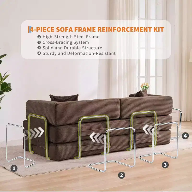 78.7 Modular Convertible Corduroy Floor Sofa Bed  Folding Sleeper Couch with Pillow, Armrest & Backrest  Space-Saving, Multi-Position