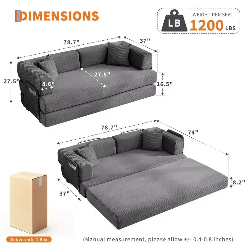 78.7 Modular Convertible Corduroy Floor Sofa Bed  Folding Sleeper Couch with Pillow, Armrest & Backrest  Space-Saving, Multi-Position