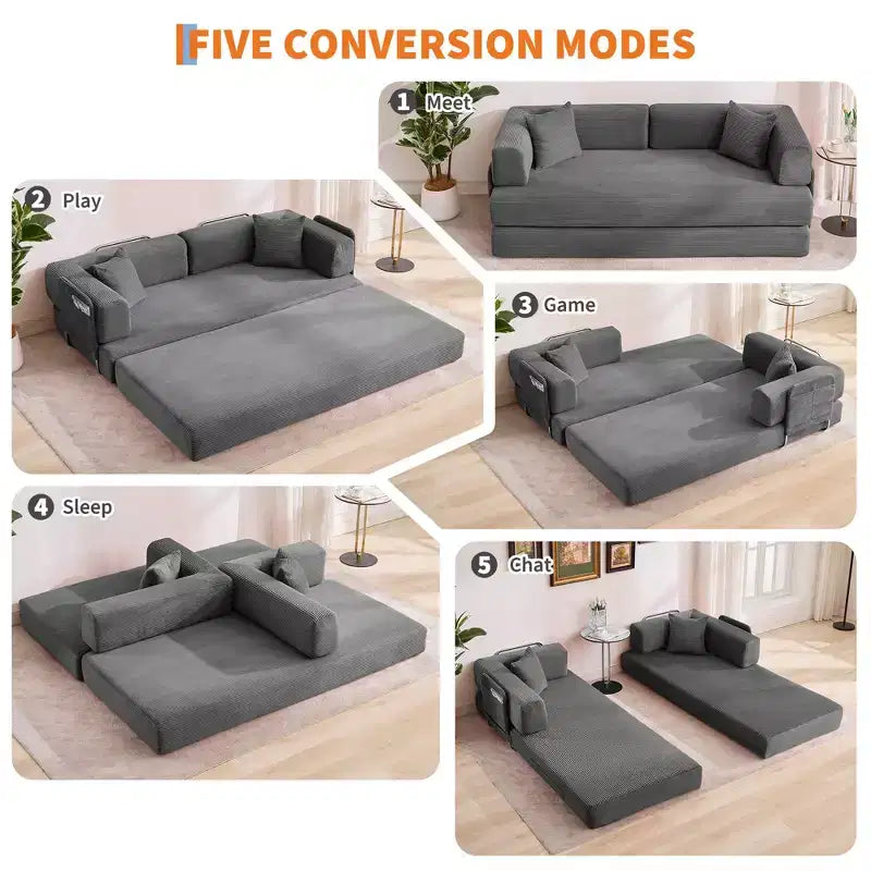 78.7 Modular Convertible Corduroy Floor Sofa Bed  Folding Sleeper Couch with Pillow, Armrest & Backrest  Space-Saving, Multi-Position