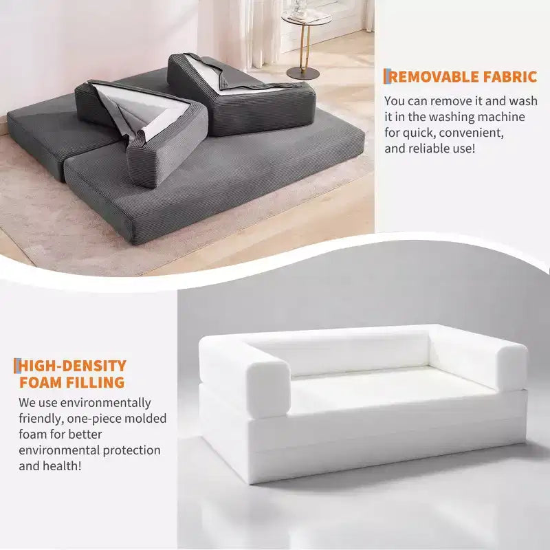 78.7 Modular Convertible Corduroy Floor Sofa Bed  Folding Sleeper Couch with Pillow, Armrest & Backrest  Space-Saving, Multi-Position