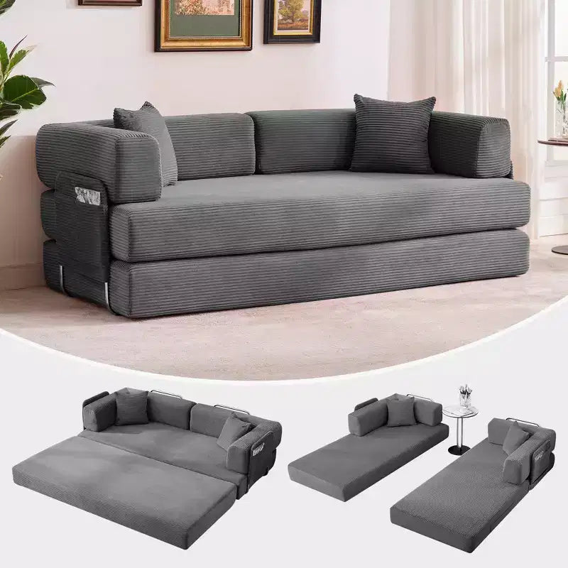 78.7 Modular Convertible Corduroy Floor Sofa Bed  Folding Sleeper Couch with Pillow, Armrest & Backrest  Space-Saving, Multi-Position