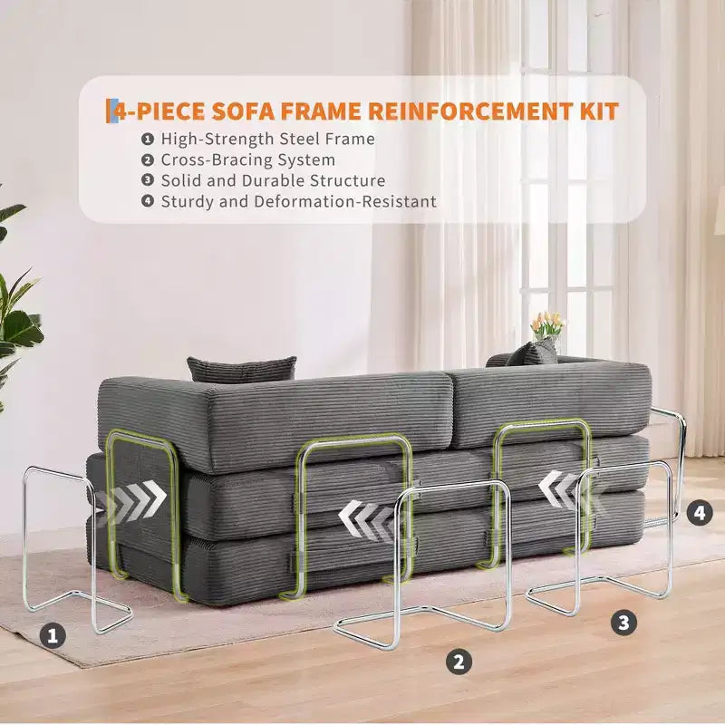 78.7 Modular Convertible Corduroy Floor Sofa Bed  Folding Sleeper Couch with Pillow, Armrest & Backrest  Space-Saving, Multi-Position