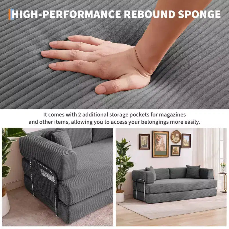 78.7 Modular Convertible Corduroy Floor Sofa Bed  Folding Sleeper Couch with Pillow, Armrest & Backrest  Space-Saving, Multi-Position