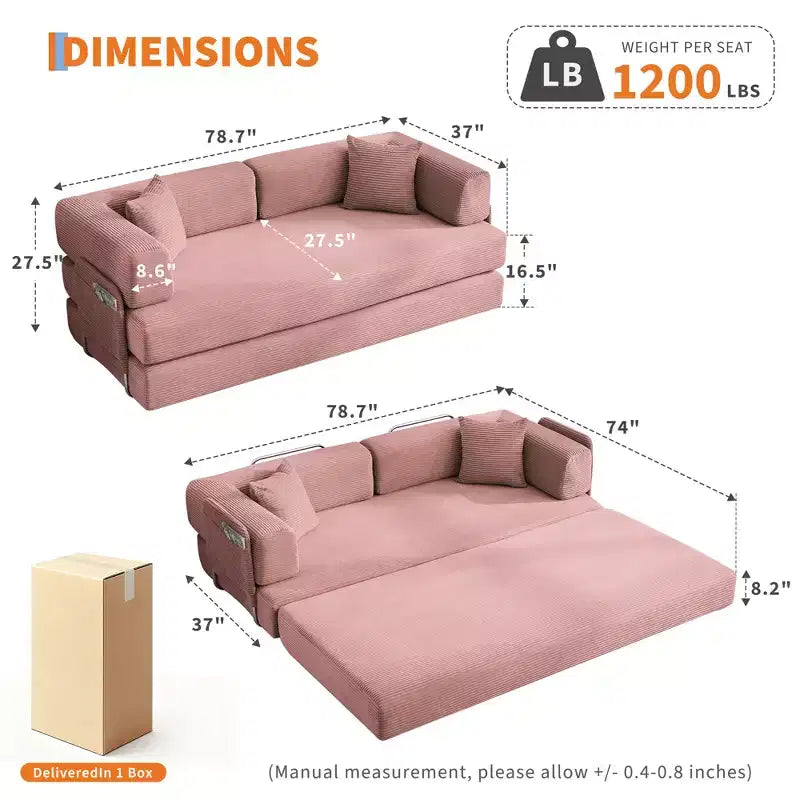 78.7 Modular Convertible Corduroy Floor Sofa Bed  Folding Sleeper Couch with Pillow, Armrest & Backrest  Space-Saving, Multi-Position
