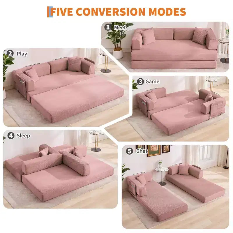 78.7 Modular Convertible Corduroy Floor Sofa Bed  Folding Sleeper Couch with Pillow, Armrest & Backrest  Space-Saving, Multi-Position