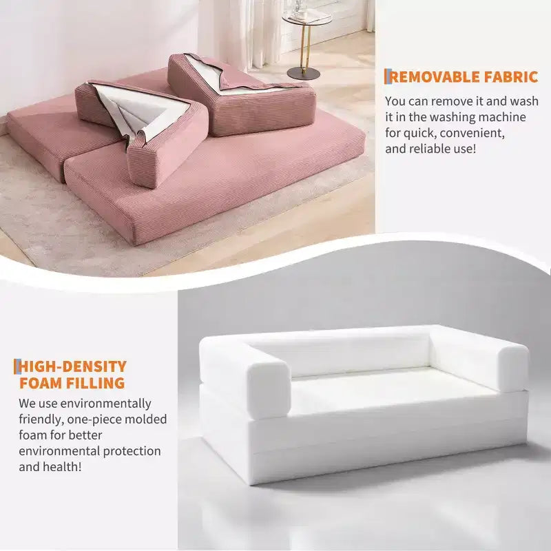 78.7 Modular Convertible Corduroy Floor Sofa Bed  Folding Sleeper Couch with Pillow, Armrest & Backrest  Space-Saving, Multi-Position