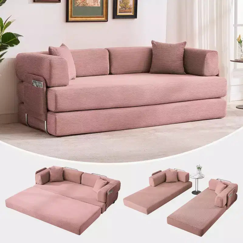 78.7 Modular Convertible Corduroy Floor Sofa Bed  Folding Sleeper Couch with Pillow, Armrest & Backrest  Space-Saving, Multi-Position