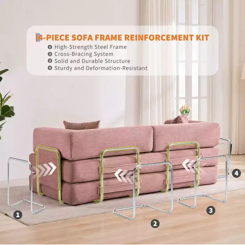 78.7 Modular Convertible Corduroy Floor Sofa Bed  Folding Sleeper Couch with Pillow, Armrest & Backrest  Space-Saving, Multi-Position