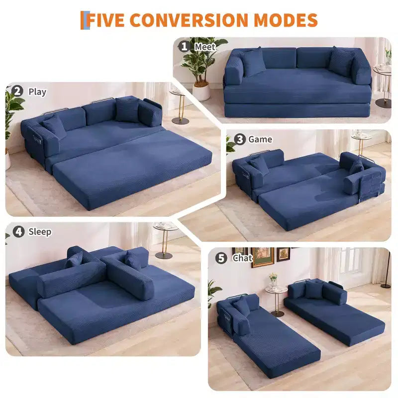 78.7 Modular Convertible Corduroy Floor Sofa Bed  Folding Sleeper Couch with Pillow, Armrest & Backrest  Space-Saving, Multi-Position