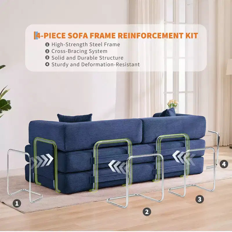 78.7 Modular Convertible Corduroy Floor Sofa Bed  Folding Sleeper Couch with Pillow, Armrest & Backrest  Space-Saving, Multi-Position