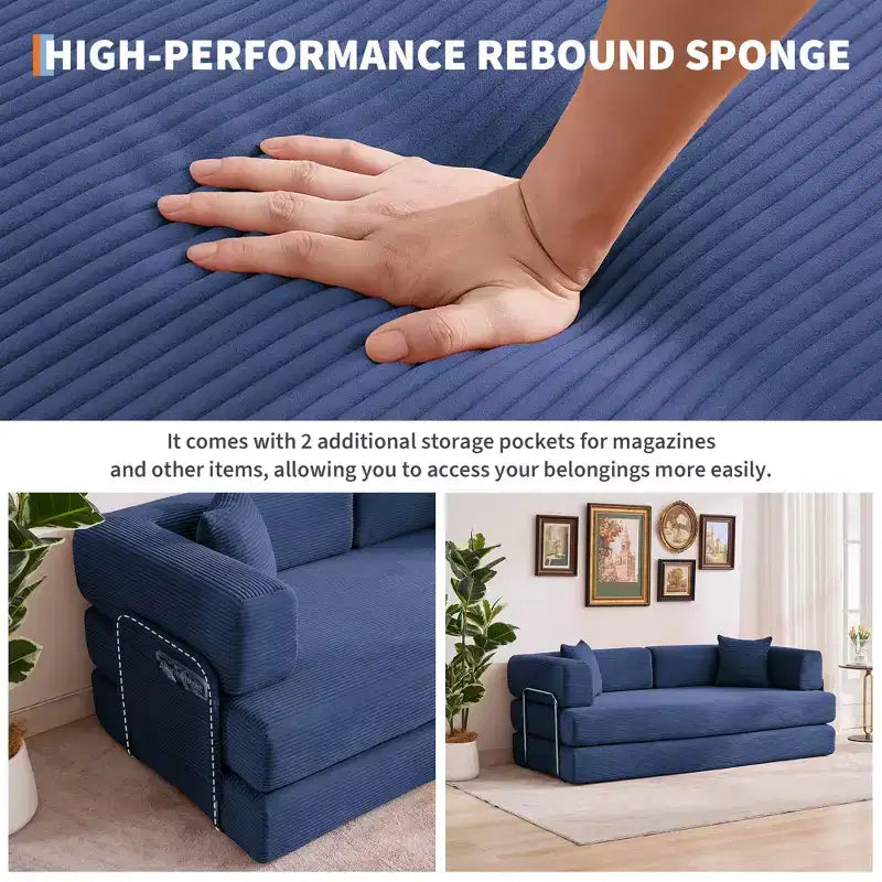 78.7 Modular Convertible Corduroy Floor Sofa Bed  Folding Sleeper Couch with Pillow, Armrest & Backrest  Space-Saving, Multi-Position