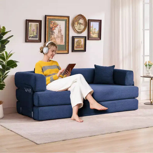 78.7 Modular Convertible Corduroy Floor Sofa Bed  Folding Sleeper Couch with Pillow, Armrest & Backrest  Space-Saving, Multi-Position