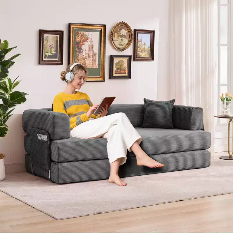 78.7 Modular Convertible Corduroy Floor Sofa Bed  Folding Sleeper Couch with Pillow, Armrest & Backrest  Space-Saving, Multi-Position