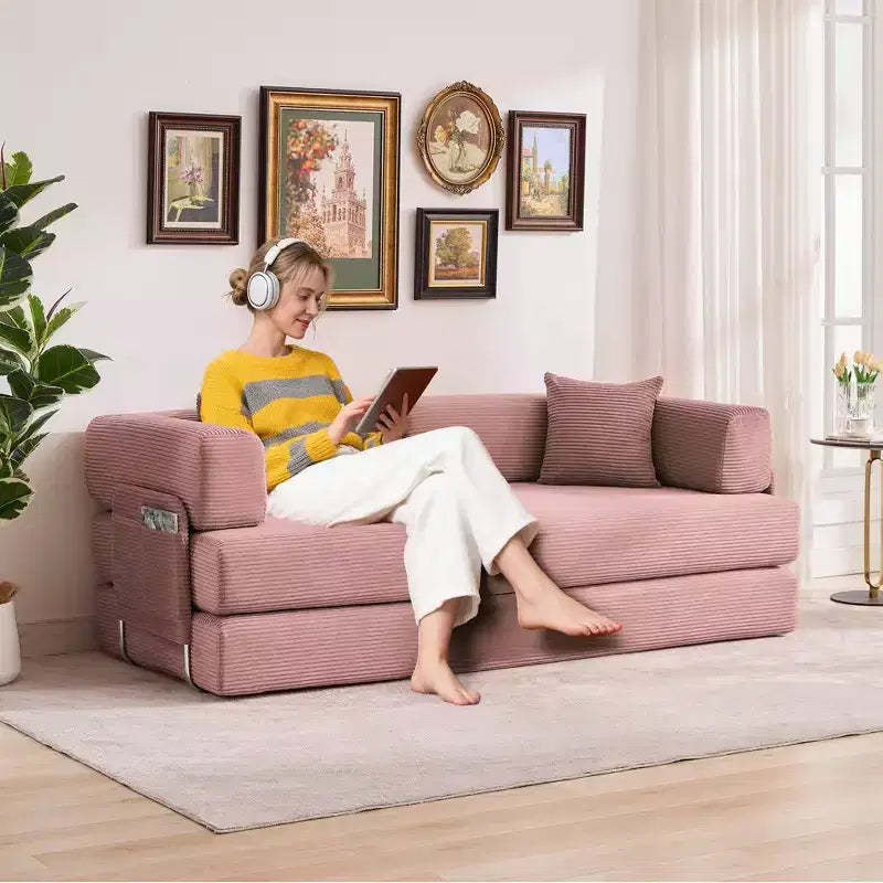 78.7 Modular Convertible Corduroy Floor Sofa Bed  Folding Sleeper Couch with Pillow, Armrest & Backrest  Space-Saving, Multi-Position
