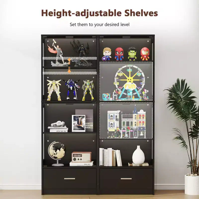 Skyzoo 5-Tier Glass Display Cabinet with LED Lights & Adjustable Shelves & 1 Drawer, Curio Cabinet for Home & Office, Black
