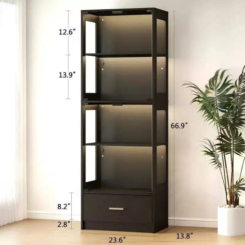 Skyzoo 5-Tier Glass Display Cabinet with LED Lights & Adjustable Shelves & 1 Drawer, Curio Cabinet for Home & Office, Black