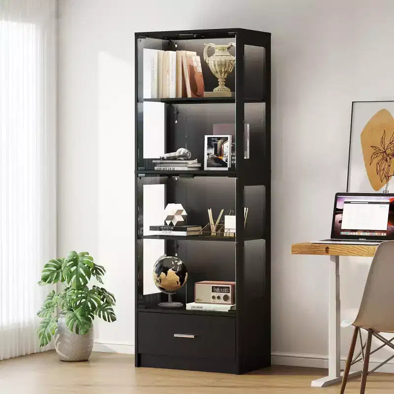 Skyzoo 5-Tier Glass Display Cabinet with LED Lights & Adjustable Shelves & 1 Drawer, Curio Cabinet for Home & Office, Black