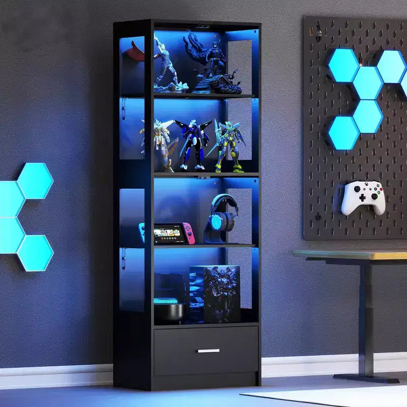 Skyzoo 5-Tier Glass Display Cabinet with LED Lights & Adjustable Shelves & 1 Drawer, Curio Cabinet for Home & Office, Black