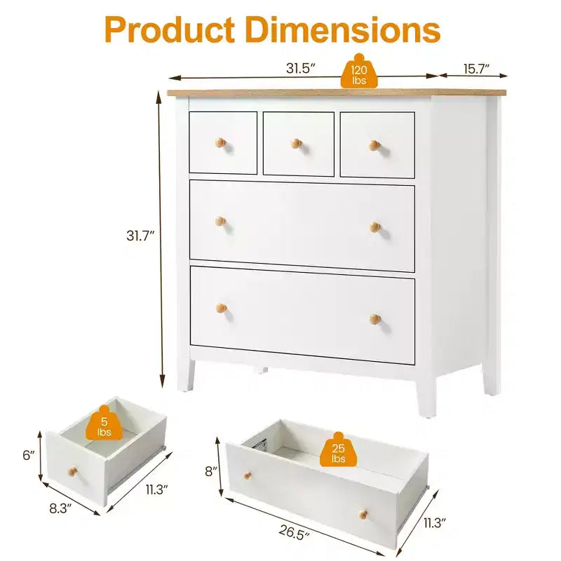 5 Drawer Dressser with Solid Wood Knobs