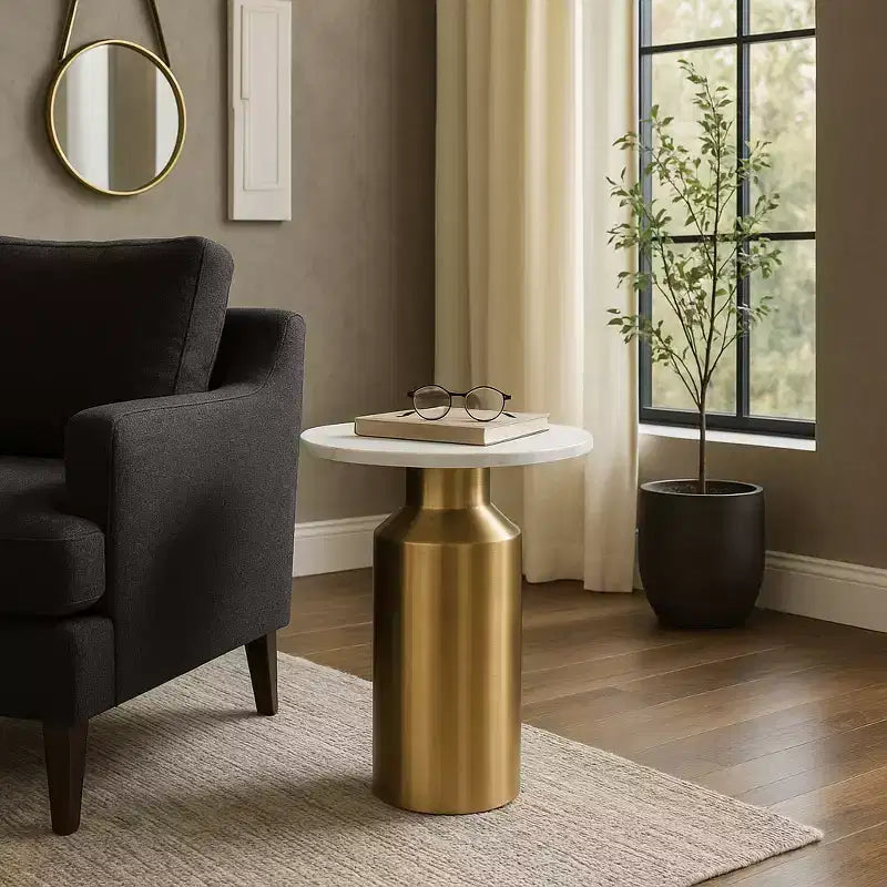 Modern End Side Table as Night Stand for Home Decor - Round Marble Top with Pedestal Base as Small Table Stand - 22, Gold & White