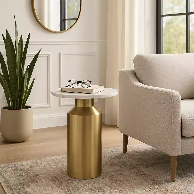 Modern End Side Table as Night Stand for Home Decor - Round Marble Top with Pedestal Base as Small Table Stand - 22, Gold & White