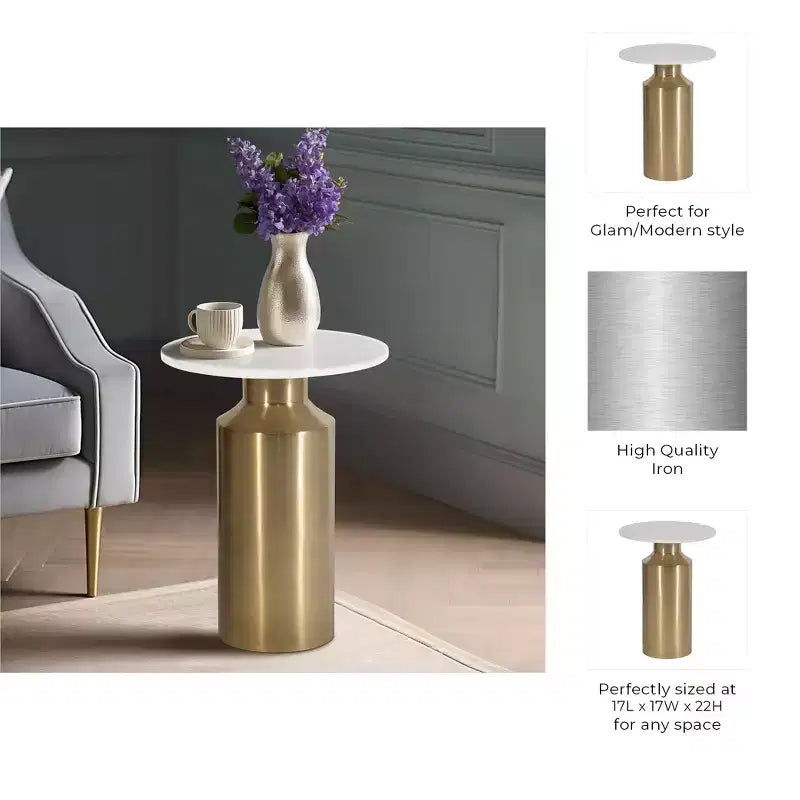 Modern End Side Table as Night Stand for Home Decor - Round Marble Top with Pedestal Base as Small Table Stand - 22, Gold & White