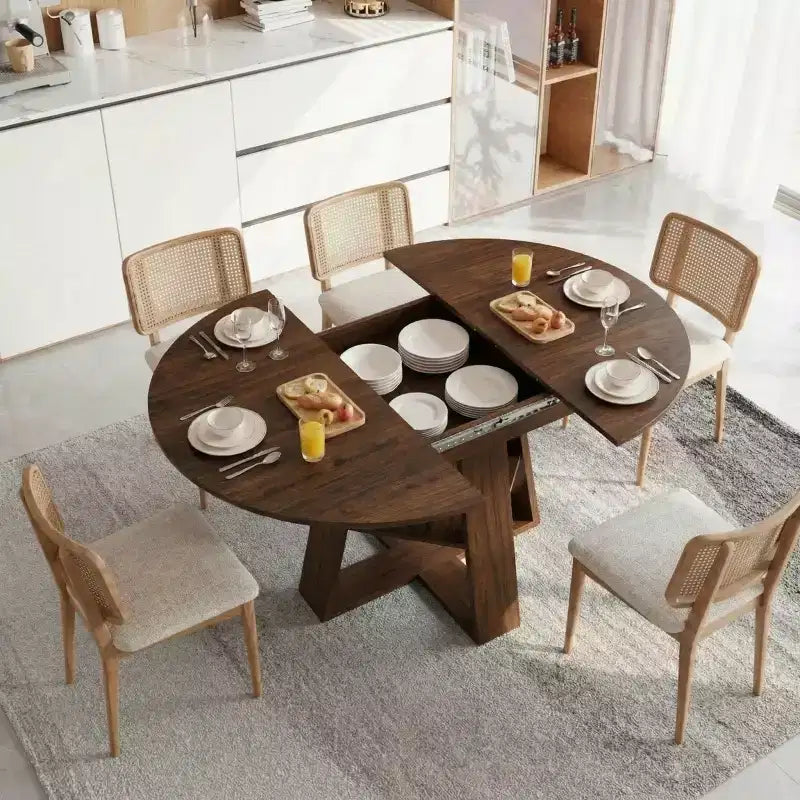 Modern Round Extendable Dining Table for 48, Removable Leaves, Dining Room Table with Storage Shelf for Kitchen or Living Room-Panipeachy
