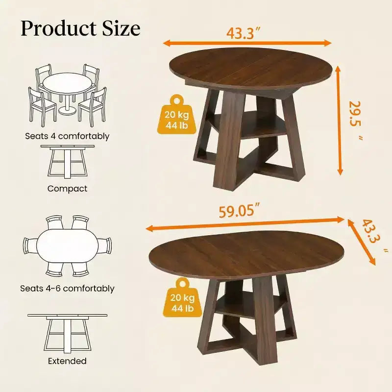 Modern Round Extendable Dining Table for 48, Removable Leaves, Dining Room Table with Storage Shelf for Kitchen or Living Room-Panipeachy