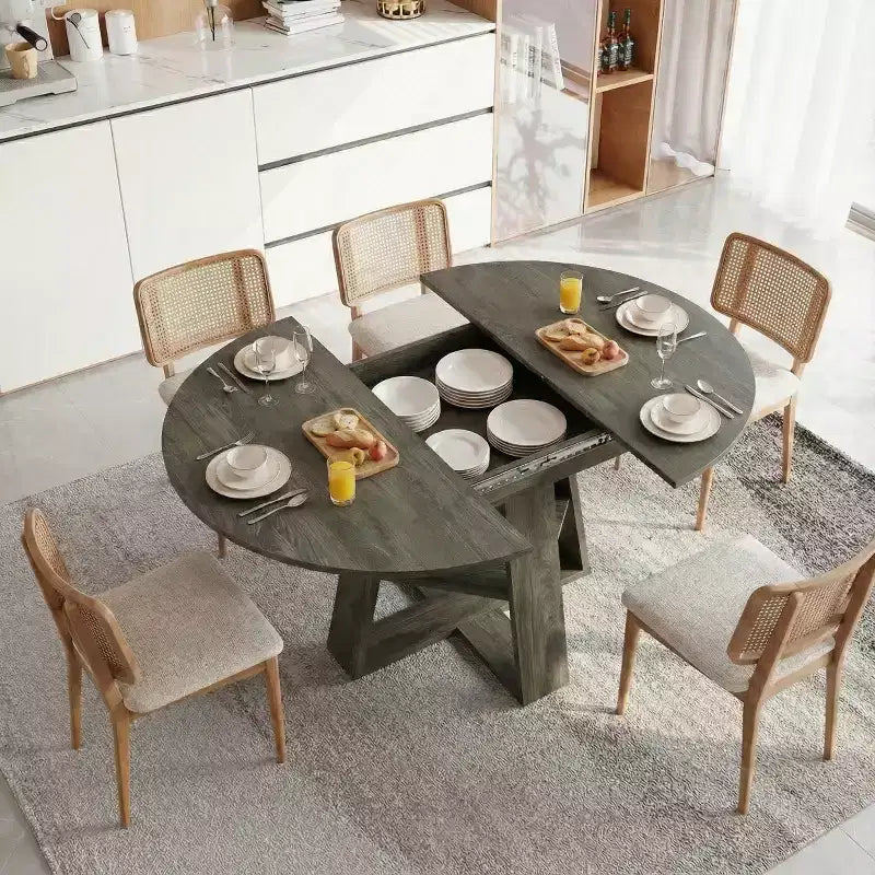 Modern Round Extendable Dining Table for 48, Removable Leaves, Dining Room Table with Storage Shelf for Kitchen or Living Room-Panipeachy