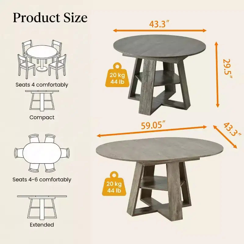 Modern Round Extendable Dining Table for 48, Removable Leaves, Dining Room Table with Storage Shelf for Kitchen or Living Room-Panipeachy