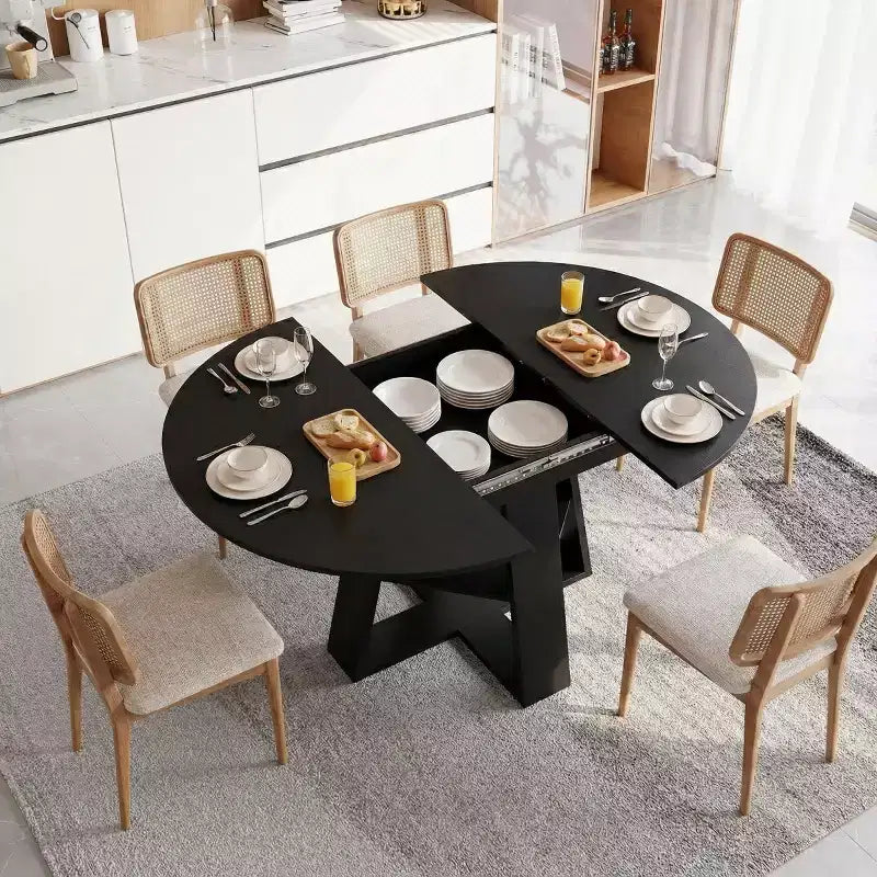 Modern Round Extendable Dining Table for 48, Removable Leaves, Dining Room Table with Storage Shelf for Kitchen or Living Room-Panipeachy