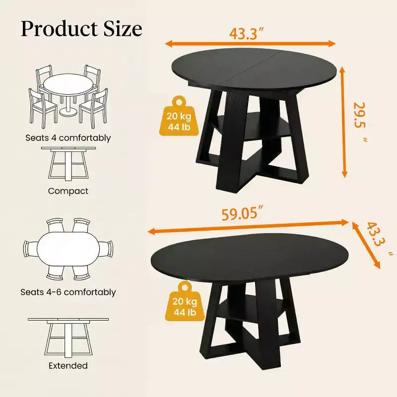 Modern Round Extendable Dining Table for 48, Removable Leaves, Dining Room Table with Storage Shelf for Kitchen or Living Room-Panipeachy