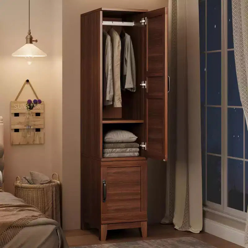 Wooden Armoire Wardrobe Closet, 72''H Clothing Storage Cabinet with Handing Rod, Armoire Clothes Organizer with Adjustable Shelves for Bedroom, Brown