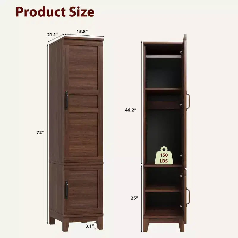 Wooden Armoire Wardrobe Closet, 72''H Clothing Storage Cabinet with Handing Rod, Armoire Clothes Organizer with Adjustable Shelves for Bedroom, Brown
