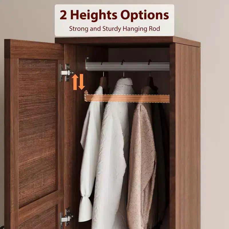 Wooden Armoire Wardrobe Closet, 72''H Clothing Storage Cabinet with Handing Rod, Armoire Clothes Organizer with Adjustable Shelves for Bedroom, Brown