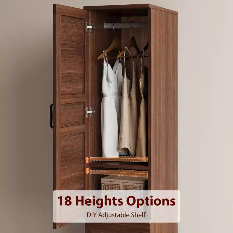 Wooden Armoire Wardrobe Closet, 72''H Clothing Storage Cabinet with Handing Rod, Armoire Clothes Organizer with Adjustable Shelves for Bedroom, Brown