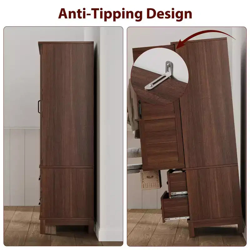 Wooden Armoire Wardrobe Closet, 72''H Clothing Storage Cabinet with Handing Rod, Armoire Clothes Organizer with Adjustable Shelves for Bedroom, Brown