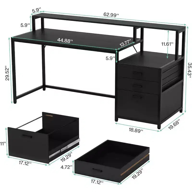 Lantine 63 Inch Industrial Computer Desk: Ergonomic Office Workstation with File Drawer, Monitor Stand, and Printer Space for Home Office.