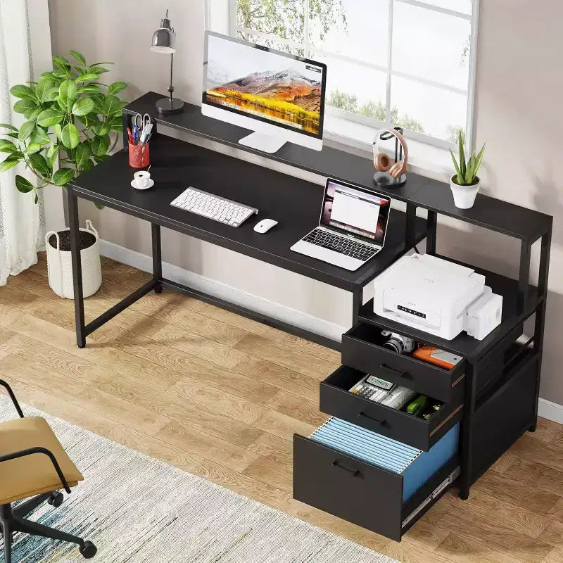 Lantine 63 Inch Industrial Computer Desk: Ergonomic Office Workstation with File Drawer, Monitor Stand, and Printer Space for Home Office.