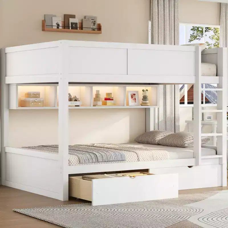 Lit superposé Full XL sur Full XL avec 2 tiroirs, cadre de lit superposé en bois Full XL avec armoires de rangement et LED pour chambre à coucher