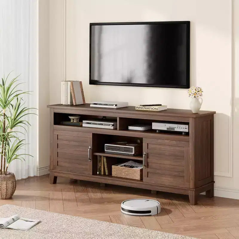 Farmhouse TV Stand with Cabinet, for TVs Up to 63, Freestanding TV Entertainment Center with Open Shelves, for Living Room & Bedroom