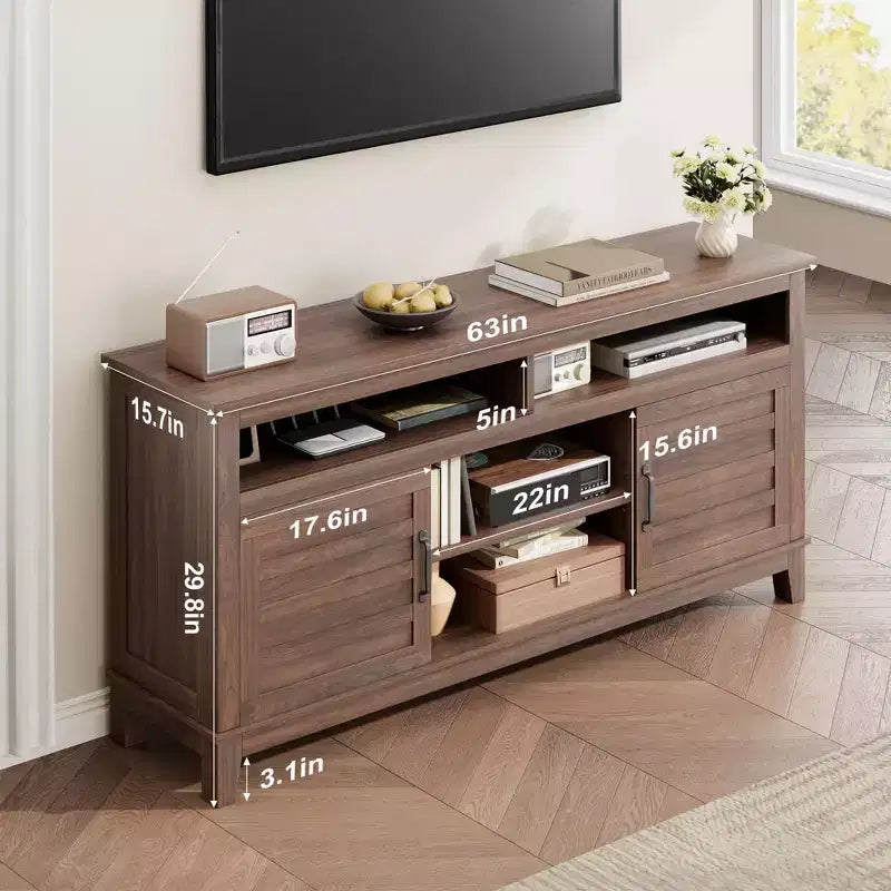 Farmhouse TV Stand with Cabinet, for TVs Up to 63, Freestanding TV Entertainment Center with Open Shelves, for Living Room & Bedroom