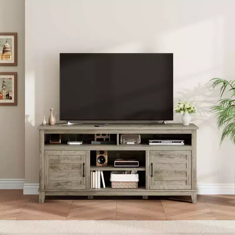 Farmhouse TV Stand with Cabinet, for TVs Up to 63, Freestanding TV Entertainment Center with Open Shelves, for Living Room & Bedroom