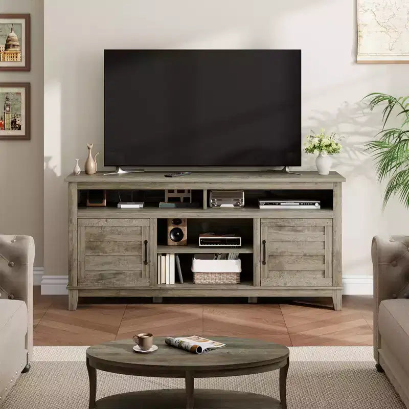 Farmhouse TV Stand with Cabinet, for TVs Up to 63, Freestanding TV Entertainment Center with Open Shelves, for Living Room & Bedroom