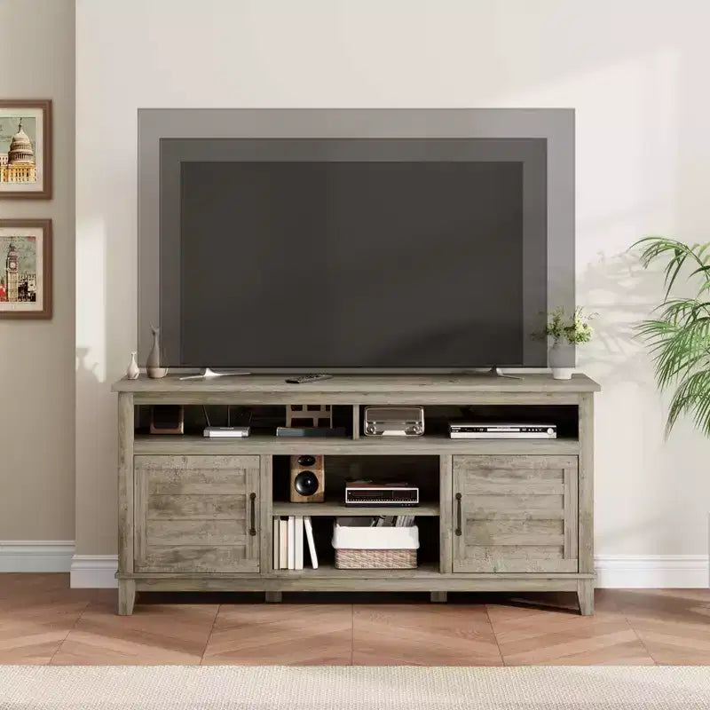Farmhouse TV Stand with Cabinet, for TVs Up to 63, Freestanding TV Entertainment Center with Open Shelves, for Living Room & Bedroom