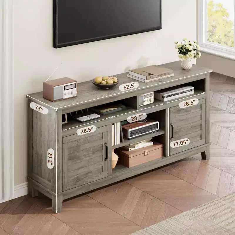 Farmhouse TV Stand with Cabinet, for TVs Up to 63, Freestanding TV Entertainment Center with Open Shelves, for Living Room & Bedroom