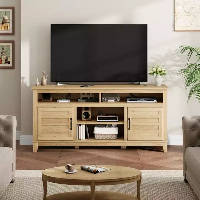 Farmhouse TV Stand with Cabinet, for TVs Up to 63, Freestanding TV Entertainment Center with Open Shelves, for Living Room & Bedroom