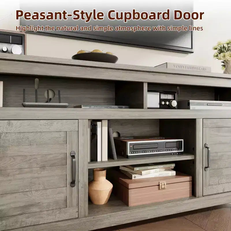 Farmhouse TV Stand with Cabinet, for TVs Up to 63, Freestanding TV Entertainment Center with Open Shelves, for Living Room & Bedroom