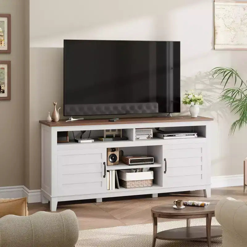Farmhouse TV Stand with Cabinet, for TVs Up to 63, Freestanding TV Entertainment Center with Open Shelves, for Living Room & Bedroom