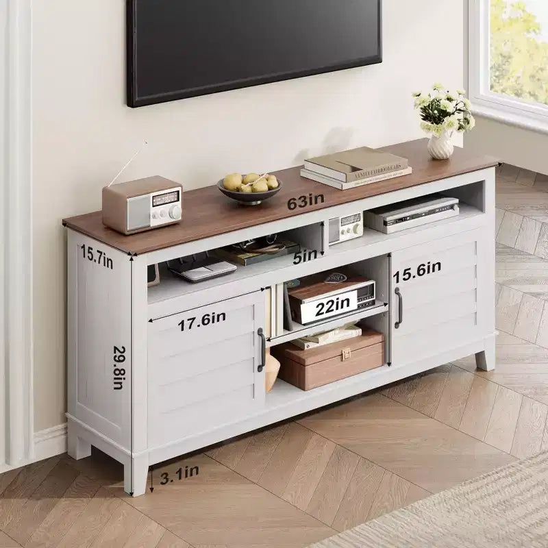 Farmhouse TV Stand with Cabinet, for TVs Up to 63, Freestanding TV Entertainment Center with Open Shelves, for Living Room & Bedroom